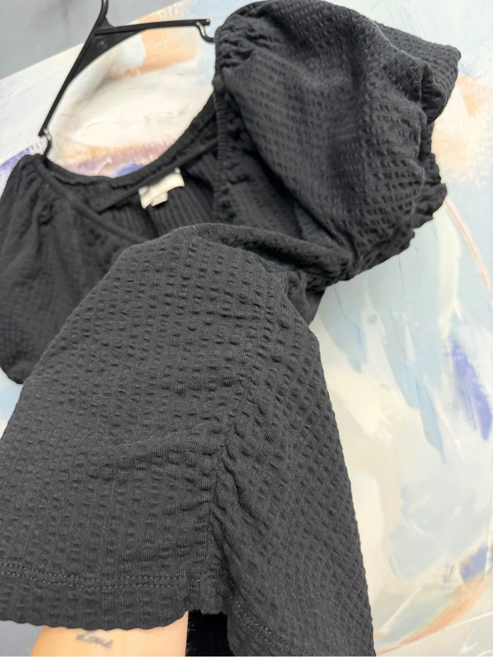 LOFT 100% Cotton Black Textured Puff Sleeve V Neck Blouse Ruched Short Sleeve